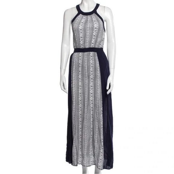 Carmen Marc Valvo maxi dress halter neck navy blue & white geometric print dress - Picture 2 of 2